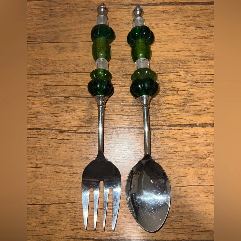 Vintage Pottery Barn Y2K Long Green Beaded Serving Spoon and Fork Set No Box
